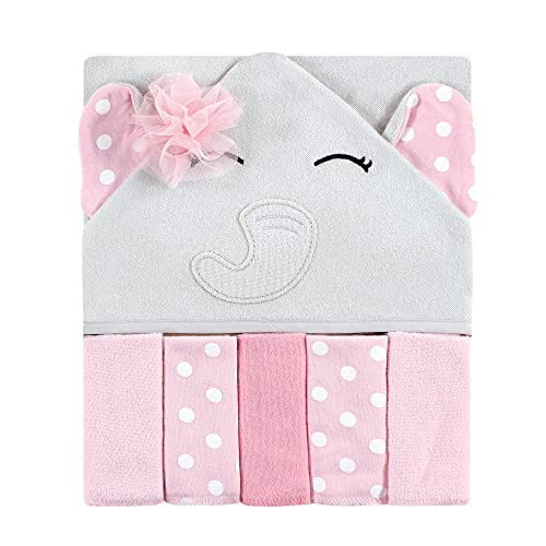 Image of Hudson Baby Unisex Baby Hooded Towel and Five Washcloths, White Dots Pretty Elephant, One Size
