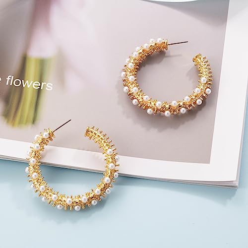 SELOVO Vintage Style Simulated Pearl Hoop Earrings Gold Color for Women3