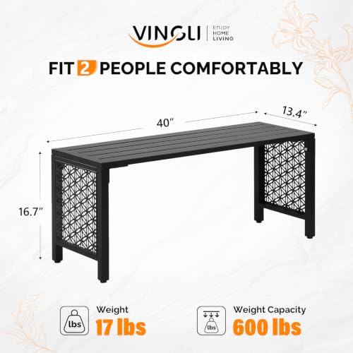 Image of VINGLI 40in Outdoor Metal Bench, All-Weathe Backless Patio Bench with Slatted Seat&Floral Side Panels, Rust-Resistant Garden Bench, Weatherproof Outdoor Seating for Porch Entryway Backyard (Black)