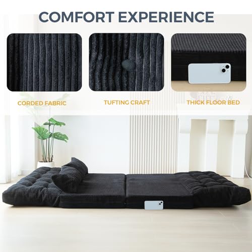 Image of MAXYOYO Folding Sofa Bed, Tufted Bean Bag Bed with Pillows Floor Couch for Adults, Extra Thick and Long Floor Sofa, Full Floor Couch Bed for Bedroom Living Room, Black, 54x91 Inch