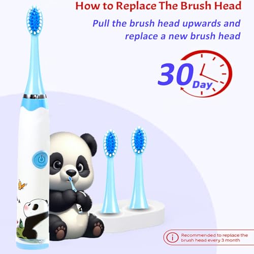 Image of Obvie Sonic Electric Kids Toothbrush with 4 Brushing Modes, 19000 Strokes per minute, IPX7 Waterproof, Soft Nylon Bristles, Rechargeable Battery, Electric Power Tooth Brush, 3 Heads (W-Panda)