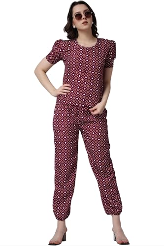 POPWINGS Casual Printed Top and Joggers Set for Women || Stylish Summer Co-Ords Set for Women || Round-Neck Top and Joggers Combo Set for Women