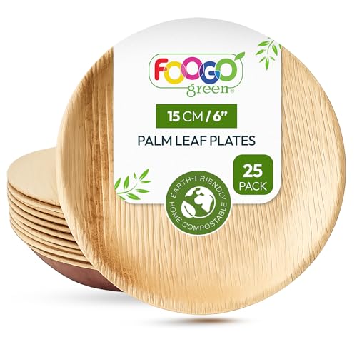 Image of FOOGO Green 25pcs Disposable Palm Leaf Plates, 6" (15cm) Small Round, for Desserts, Eco Friendly Biodegradable Compostable Like Wooden, Bamboo, Paper Plates for Hot Food, Picnic Wedding Parties
