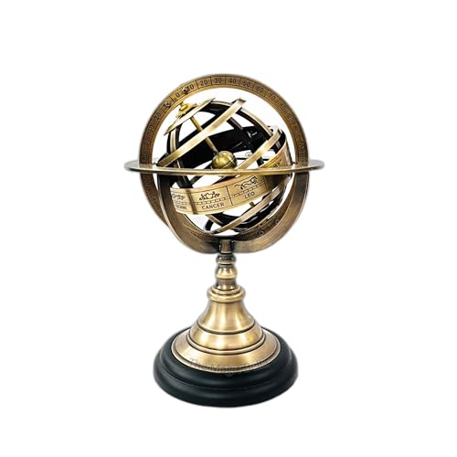 The Magic Bella Antique Zodiac Armillary Brass Sphere Globe with Wooden Display & Celestial Engravings - Educational Astrolabe Clock