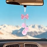 Auto Rückspiegel Ornament, Rosa Anhänger Autospiegel Bling Glitzernde Auto Spiegel für Damen Strass-Schleife Flauschiger Plüschball Als Deko Anhänger