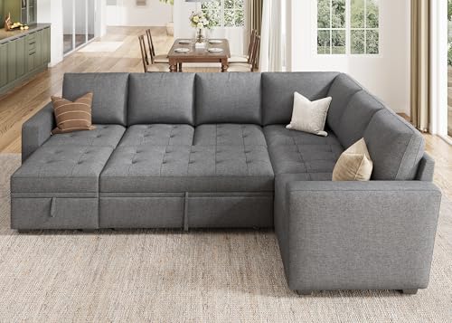 Image of HONBAY Modular Sectional Sleeper Sofa with Pull Out Bed, Convertible L Shaped Couch with Storage Seat, Sectional Couches for Living Room,Grey