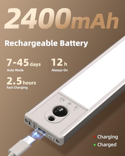 Image of EZVALO 3-Pack Under Cabinet Lighting, 2400mAh Motion Sensor Light, LED Closet Lights Wireless, 3000K Dimmable, Timer, Magnetic, with Remote Control for Kitchen, Closet, Stairs
