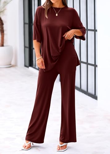 KIRUNDO 2 Piece Lounge Sets for Women Airport Travel Vacation Outfits Summer Casual Loose Short Sleeve Tops & Wide Leg Pants(Burgundy, Medium) — view 4