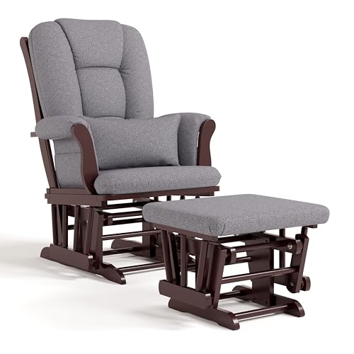 Image of Storkcraft Tuscany Custom Glider and Ottoman with Free Lumbar Pillow (Espresso/Slate Gray Swirl) - Cleanable Upholstered Comfort Rocking Nursery Chair with Ottoman