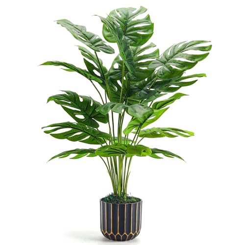 Der Rose Der Rose 28" Fake Plants, Monstera Plant in Black Gold Pot for Home Decor