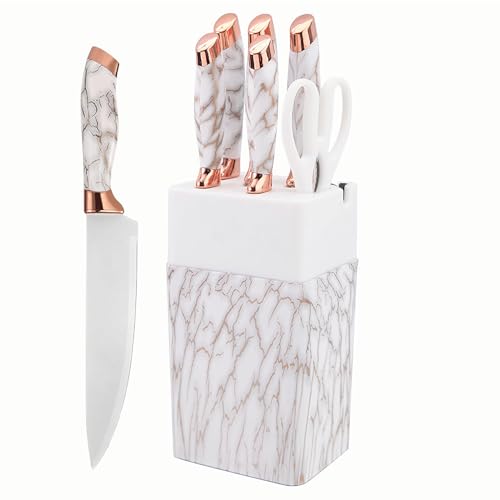 Knife Set, 7 PCS Stainless Steel Kitchen Knife Block Set with Built in Knife Sharpener, White Non Stick Coated Knife, No Rust and Sharp Knife for Chopping, Slicing and Dicing, Best Gift, White
