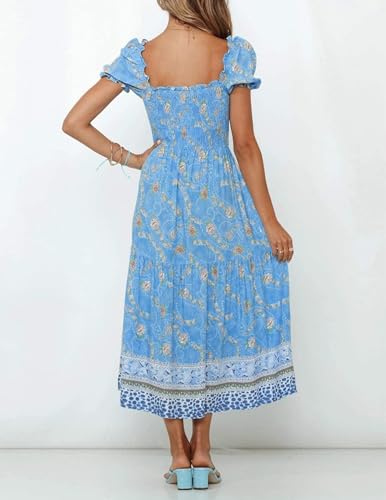 Image of ZESICA Women's 2026 Summer Boho Floral Print Dress Square Neck Ruffle Swing Beach Vacation Long Maxi Dresses