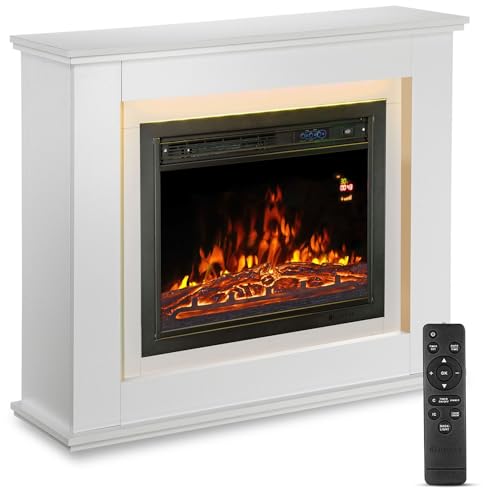 Juskys Elektrokamin 1000/2000 W mit Heizung, Kaminfeuer, Flammeneffekt, Fernbedienung, LED Beleuchtung & Timer - Elektrischer Kamin Standkamin weiß