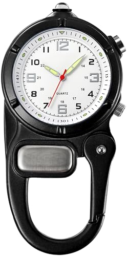 Taschenuhr mit Karabiner Taschenlampe, Karabineruhren mit Clip Unisex Krankenschwester Analog Quarz Uhren Clip On für Kletterer Sport Outdoor Aktivitäten Schwarz