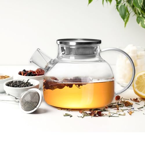 Diompirux 1000ml hochwertig Teekanne aus Glas mit Deckel, Hitzebeständig und Mikrowellenbeständig, Herausnehmbarer Edelstahlfilter und Ausguss-Filter, für Schwarzen Tee, Grüner Tee, Fruchttee