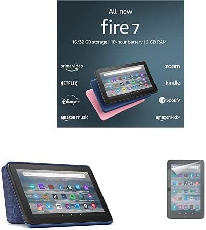 Fire 7 tablet (16 GB, Denim, Ad-Supported) + Amazon Standing Case (Denim) + Screen Protector (2-Pack)