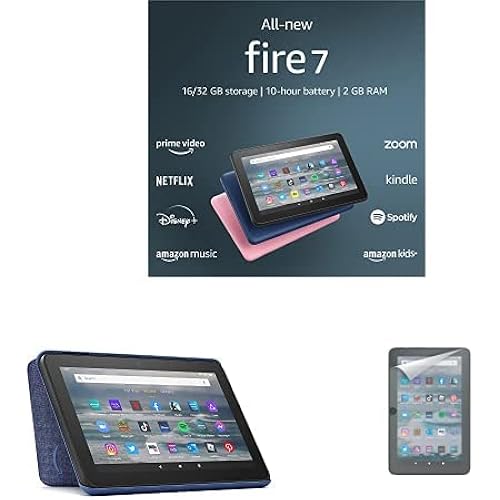 Fire 7 tablet (16 GB, Denim, Ad-Supported) + Amazon Standing Case (Denim) + Screen Protector (2-Pack)