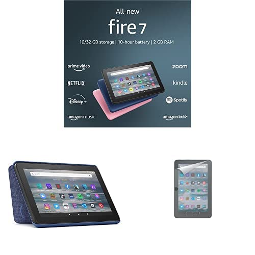 Fire 7 tablet (16 GB, Denim, Ad-Supported) + Amazon Standing Case (Denim) + Screen Protector (2-Pack)