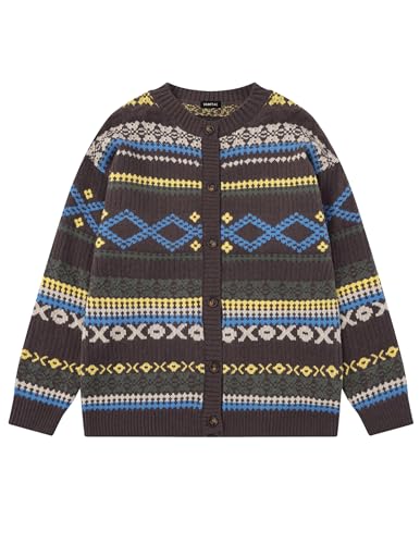 Vamtac Cardigan Sweaters Fair Isle Graphic Sweater Crew Neck Knit Tops Open Front Cardigans Holiday Christmas Outfits Brown