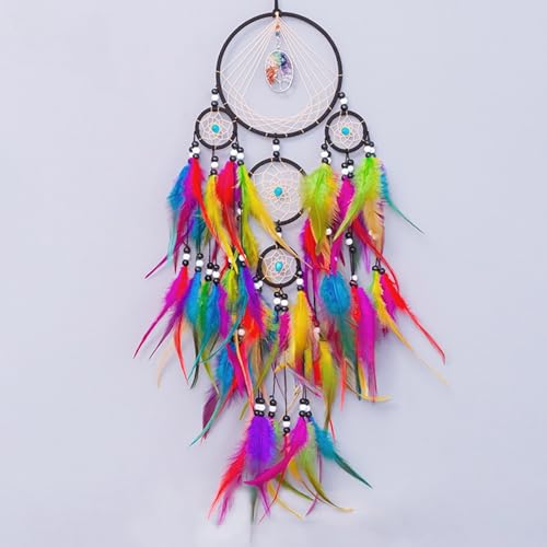 Image of EMMTEEY Tree of Life Five Circles Dream Catchers Feathers Boho Handmade Home Wall Hanging Decoration Dream Catcher for Women Girl for Bedroom Living Room,Colorful