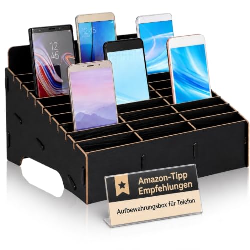 Cabilock 30 Grids Holz Handys Aufbewahrungsbox Desktop Handyhalter Organizer für Klassenzimmer Büro Multifunktionale Handygarage Schule Handybox Halter - Schwarz