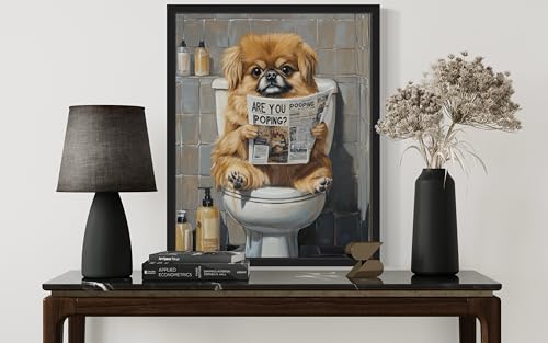 Image of Pekingese on Toilet Black Framed Wall Art Print Poster, Dog Bathroom Humor Decor Posters Prints for Restroom Home Picture Painting Artwork Gallery 7 (Pekingese, 20 inchL x 16 inchW, Black Frame)