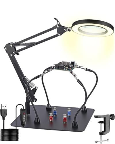 eSynic Lupa profesional de 8 aumentos con luz y soporte, lupa de vidrio óptico HD de 10,5 cm, con rotación de 360 grados, lámpara de escritorio con 72 LED y 4 clips magnéticos para soldar, reparar