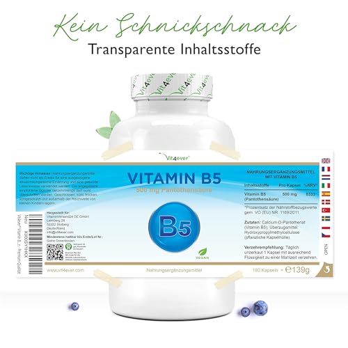 Vitamin B5 500 mg Kapseln von Vit4ever, 180 Stück, Pantothensäure