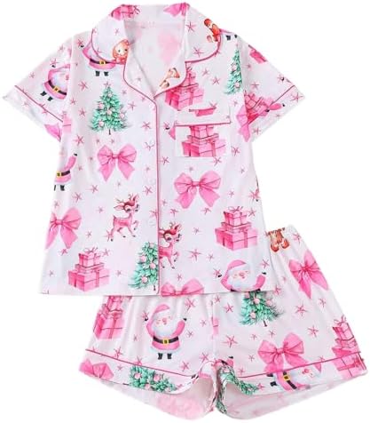 Christmas Pajamas Womens Short Sleeve Button Down Silk Pjs Satin 2 Piece Loungewear Ladies Plus Size Cute Sleepwear
