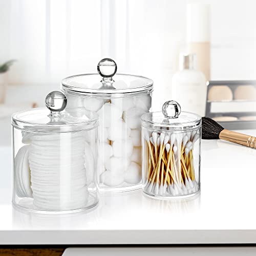 Myityard Plastic Apothecary Jars With Lid Set, 3 Pack Clear Qtip Holder Dispenser Bathroom Organizer Canisters For Cotton Swab Floss Makeup Sponges #TOP1