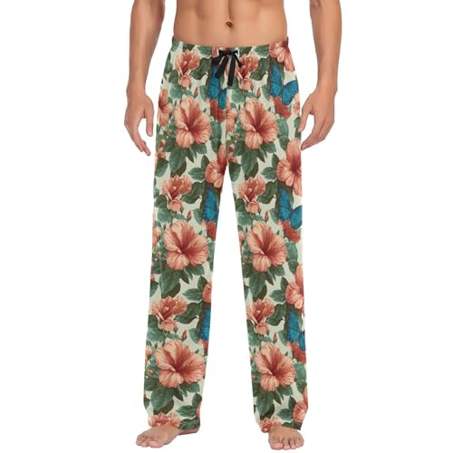 ALAZA Hibiscus Flowers Butterfly Men’s Pajama Pants Soft Long Sleep Pants Lounge Pajama Bottoms with Pockets