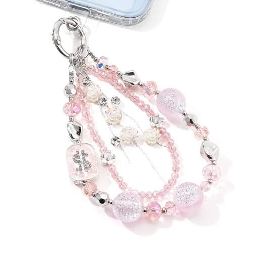 WOZEAH Pink Phone Charm for Women, Crystal Beaded Wrist Strap Lanyard with Tether Tab – Anti-Theft Hands-Free Detachable Phone Chain Wristlet（Rose Tassel）