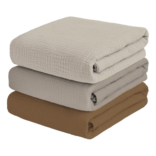 Image of breebleep Muslin Swaddle Blankets for Baby Boy - 3 Pack 47x47 Inch Large Receiving Blankets, Soft Breathable Cotton Nursery Swaddles for Newborn, Infant & Todler (Cream White, Stone, Coffee)