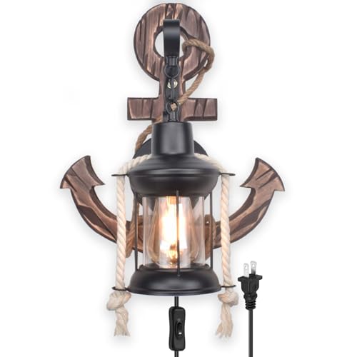 Anchor Pirate Nautical Wall Sconce Plug in or Hardwire, Indoor Antique Vintage Coastal Beach Ocean Themed Sconce Wall Light, Bedroom Rustic Wall Mount Lamp Light Fixtures ( Edison Bulb Included)