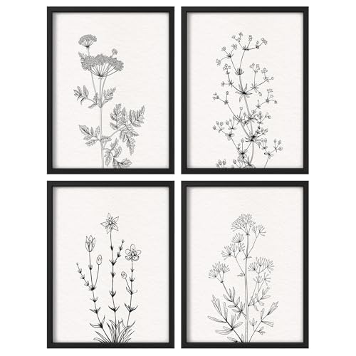 SIGNLEADER Framed Wall Art Collage Print Gallery Set, Botanical Line Drawings Black and White Minimalist Flower Prints Decorative Multicolor for Living Room, Bedroom, Office - 11"x14"x4 Black Frame