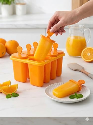 Image of BPA Free Ice Lolly and Kulfi Maker Set of 8 Reusable Popsicle Moulds Food Grade Plastic Ice Cream Popsicle Maker for Home Kitchen Multicolor (Orange)