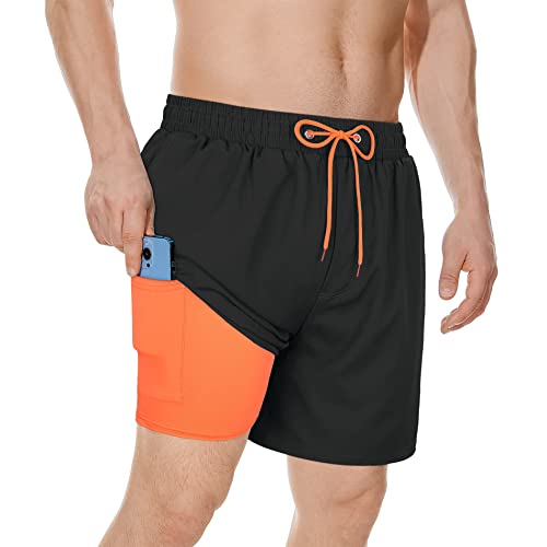 Mens Swim Shorts Mens Bathing Suits Mens Swim Trunks with Compression Liner Quick Dry Board Shorts Black L - Image 3