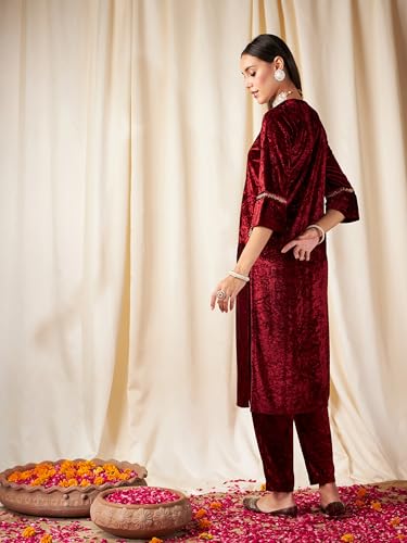 Image of Women's Velvet Floral Embroidered Straight Kurta | Round Neck Three-Quarter Sleeve Calf Length Kurti with Thread Work