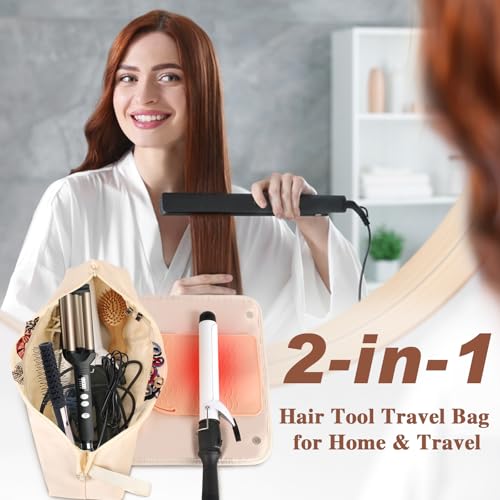 2-in-1 Hair Tools Travel Bag and Heat Resistant Mat for Flat Irons, Straighteners, Curling Iron, and Hair Care Accessories, with Interior Pockets, Portable Organizer, Beige Bag for Travel Essentials - Thumbnail 2