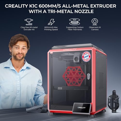 Creality Impresora 3D K1C 600mm/s Velocidad de Impresión Extrusora Directa Metálica Cámara AI Boquilla Trimetálica Nivelación Automática Placa Pei Enfriamiento Triple Impresión de Fibra de Carbono