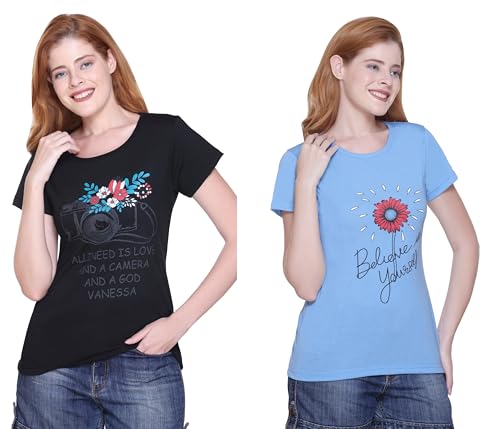 Image of Women's Cotton Half Sleeve Regular Fit T Shirt || Printed Tshirts for Women Pack of 2
