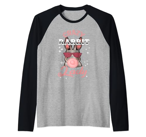 Crazy Rabbit Lady Cute Bunny Face Bubble Gum With Glasses Camiseta Manga Raglan
