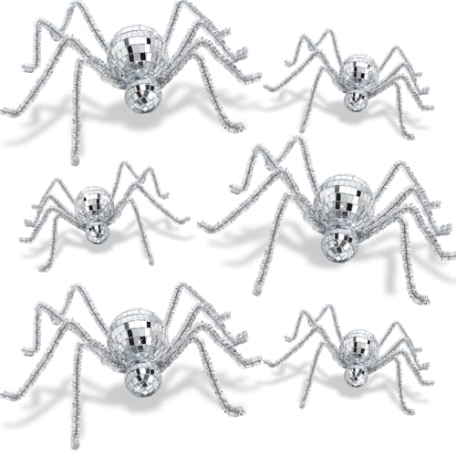 6pcs Halloween Disco Spider Decor 7.9 3.9 Fake Spider Disco Ball Table Decoration Silver Vintage Glitter Mosaic Mirror Web Ornament for Indoor Tabletop Haunted House Hanging Prop Party Decor