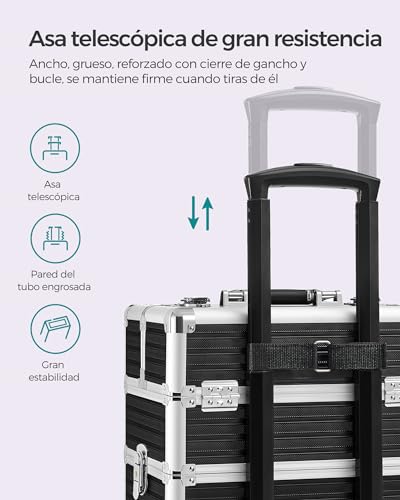SONGMICS Maleta de Maquillaje, Maletín para Cosméticos 4 en 1, Gran Capacidad, Maletín de Peluquería, 34 x 24 x 79,3 cm, con Cerradura, Ruedas 360°, para Viaje, Manicura, Negro JHZ015B01 - imagen 9