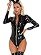 Maeau Catsuit Damen-Jumpsuit aus Lackleder, Wet-Look, Turnanzug, Dessous, Kleid für Poledance-Party, Schwarz , 50