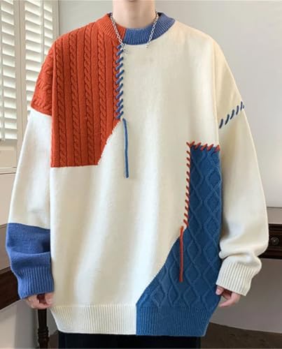 Men's Winter Patchwork Knit Pullover - O-Neck Warm Casual Loose Fashion Streetwear Y2k Knitted Sweater2