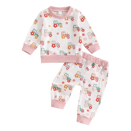 Little Girls 2Pcs Fall Outfits Floral Tractor Print Long Sleeve O Neck Tops Pants Sets Newborn Spring Fall Clothes
