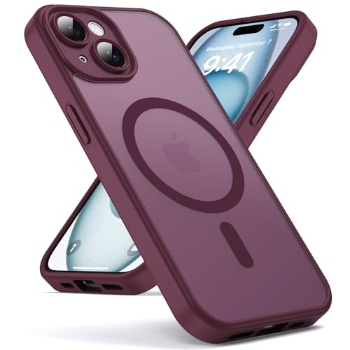 Oududianzi - Cover per iPhone 15 Compatibile con MagSafe, Custodia Traslucida Posteriore PC Silicone TPU Bumper, Protezione Della Fotocamera, Cover Militare Antiurto Anti-Impronte - Bordeaux