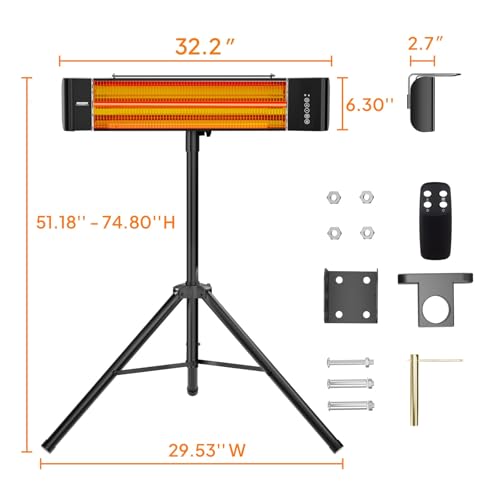 Image of ROVSUN 1500W Outdoor Electric Heater, Patio Freestanding /Wall-mounted Heater with Remote Control, 12H Timer, Adjustable Heights, 3 Modes, 3s Instant Heating for Indoor Outdoor Backyard Garage