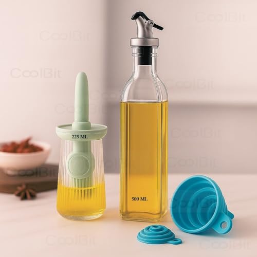 Image of 500ml Glass Oil Dispenser Bottle +225ml Oil Bottle with Silicone Brush and Funnel | Olive Oil Dispenser Set for Cooking, Kitchen, Air Fryer, BBQ, Vinegar, Soy Sauce